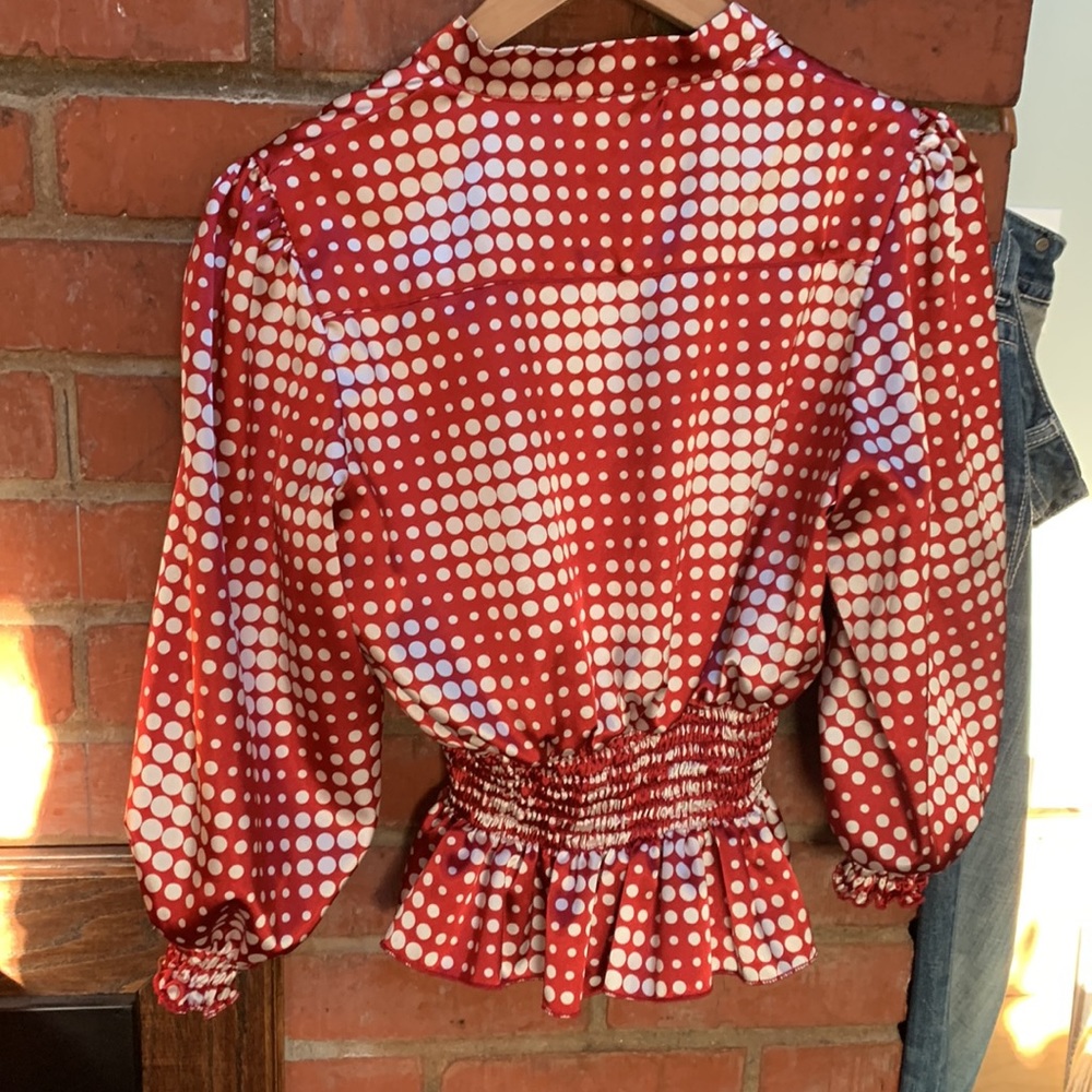 Vintage style puff sleeve peplum polka dot blouse top - Picture 4 of 5
